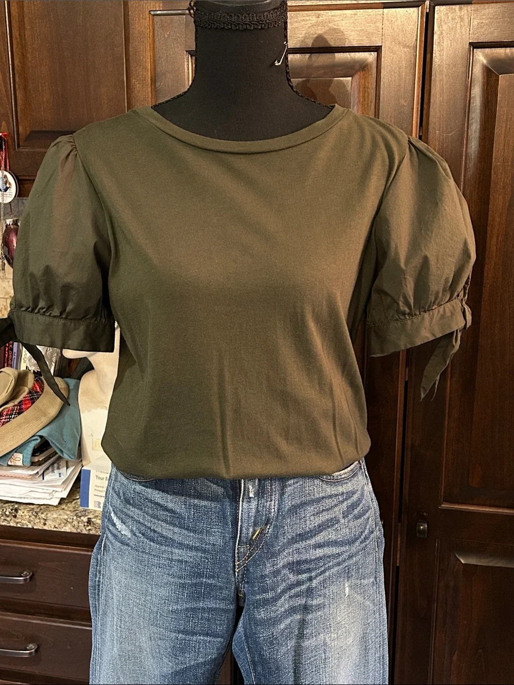 Michael Kors Sz S Women's Olive Puff Sleeve Top